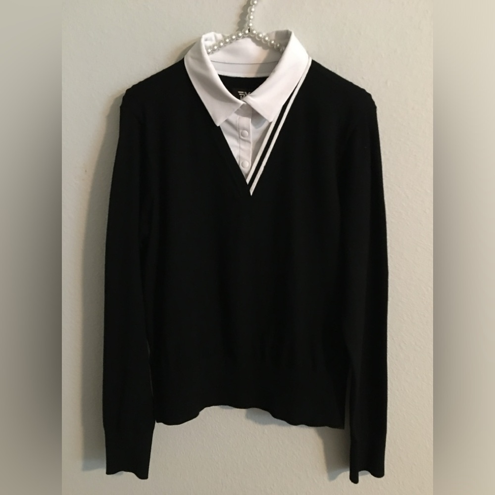 PXG Black V-Neck Sweater with White Collar Detail